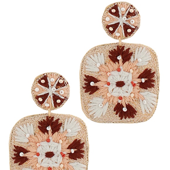 Embroidered Square Drop Earrings - Picture 2 of 3